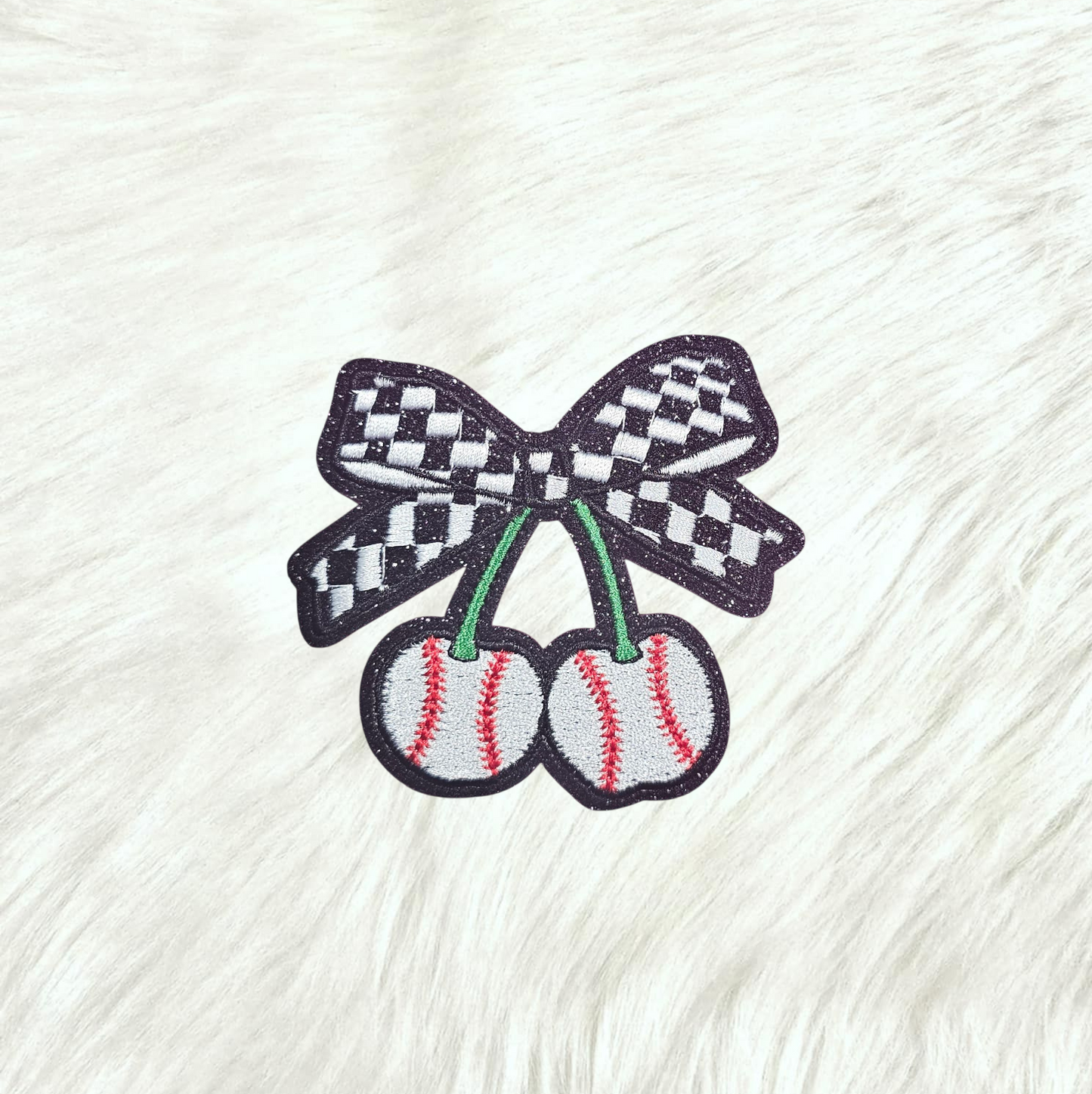 Baseball Cherries Checkered Bow Black Glitter Small Iron On Patch