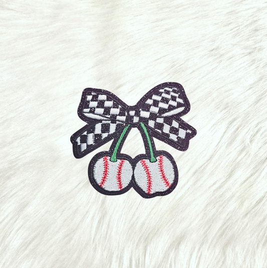 Baseball Cherries Checkered Bow Black Glitter Small Iron On Patch