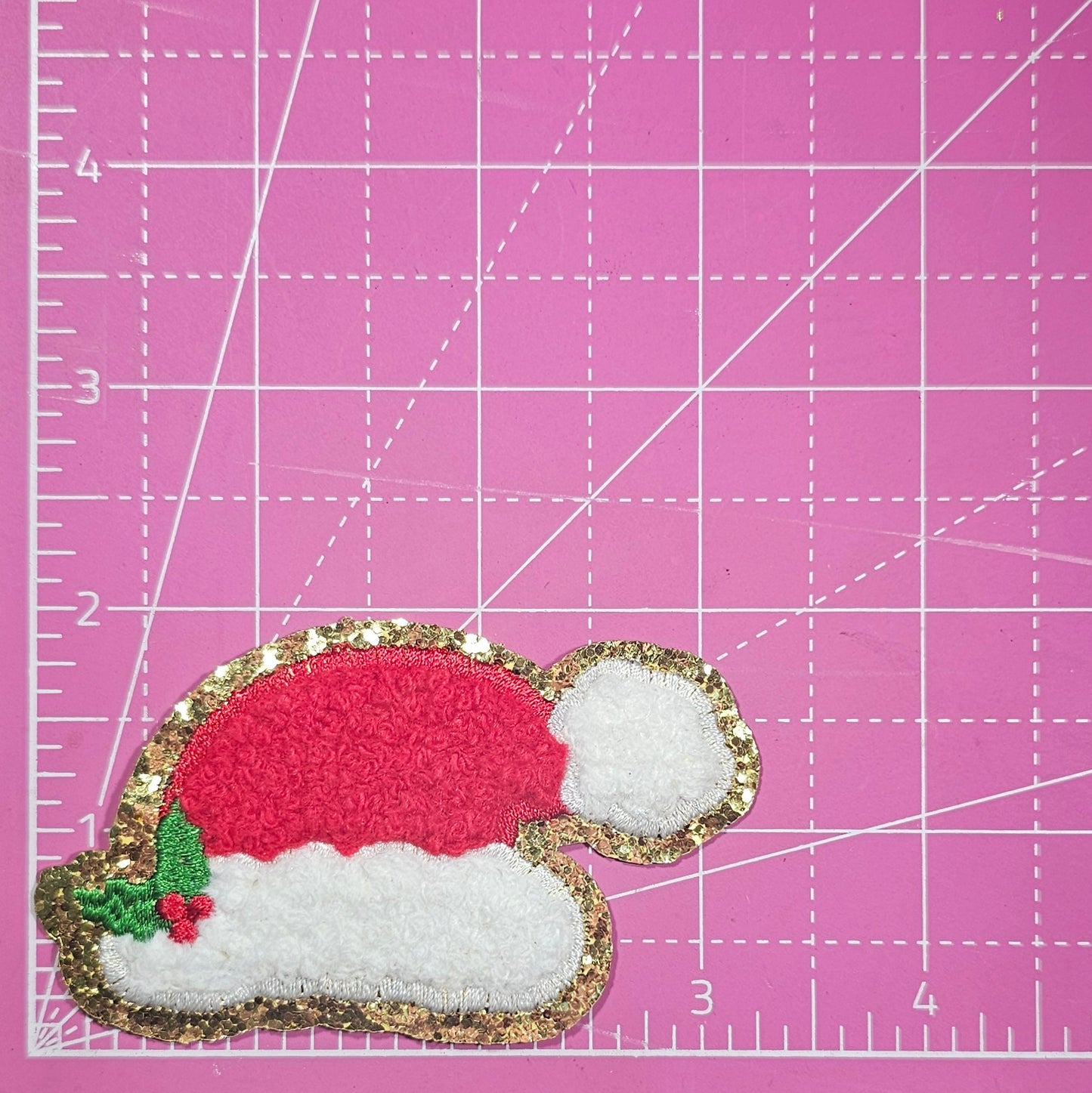 Santa Hat With Mistletoe Chenille Gold Glitter Iron On Patch