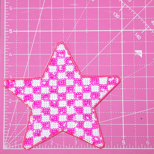 Checkered Star Pink and White Sequin Iron On Patch