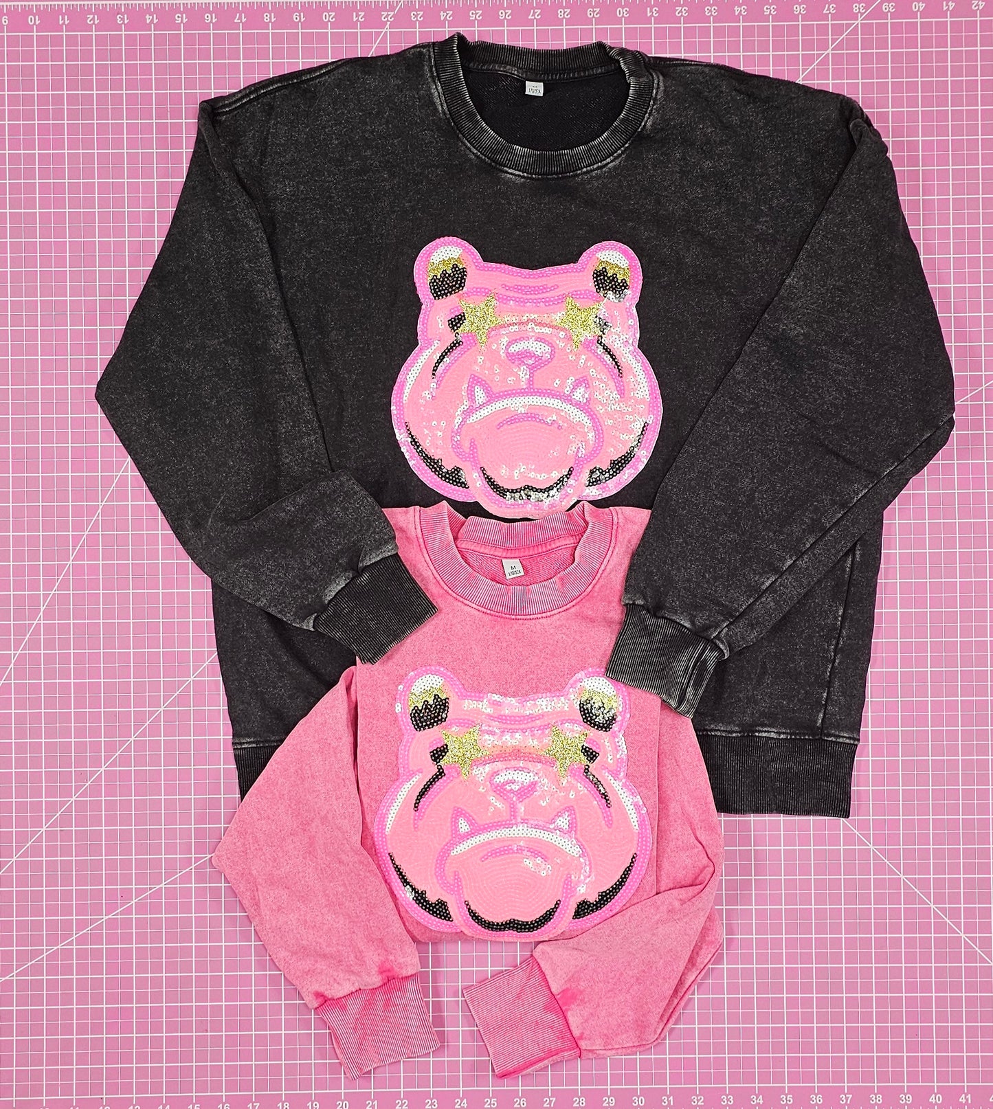 Hot Pink Bulldog Mascot Sequin on Acid Wash Crews by Pretty Preppy Co.