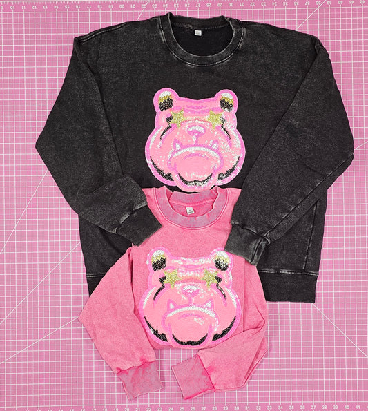 Hot Pink Bulldog Mascot Sequin on Acid Wash Crews by Pretty Preppy Co.