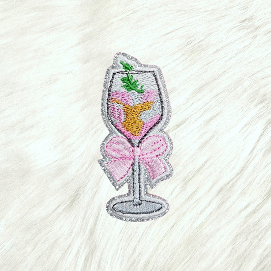 Wine Spritzer Pink Coquette Bow on Silver Glitter Iron On Patch