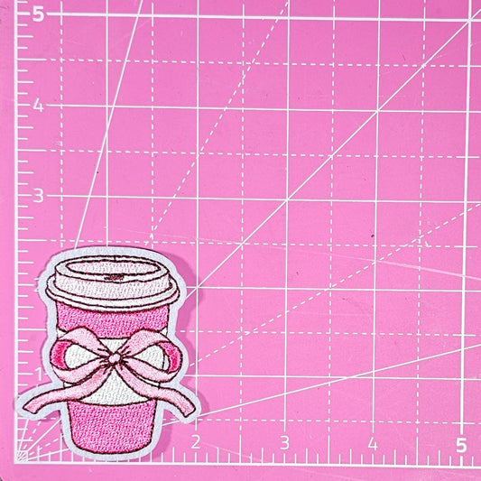 Pink Coffee with Bow Embroidery Iron On Patch