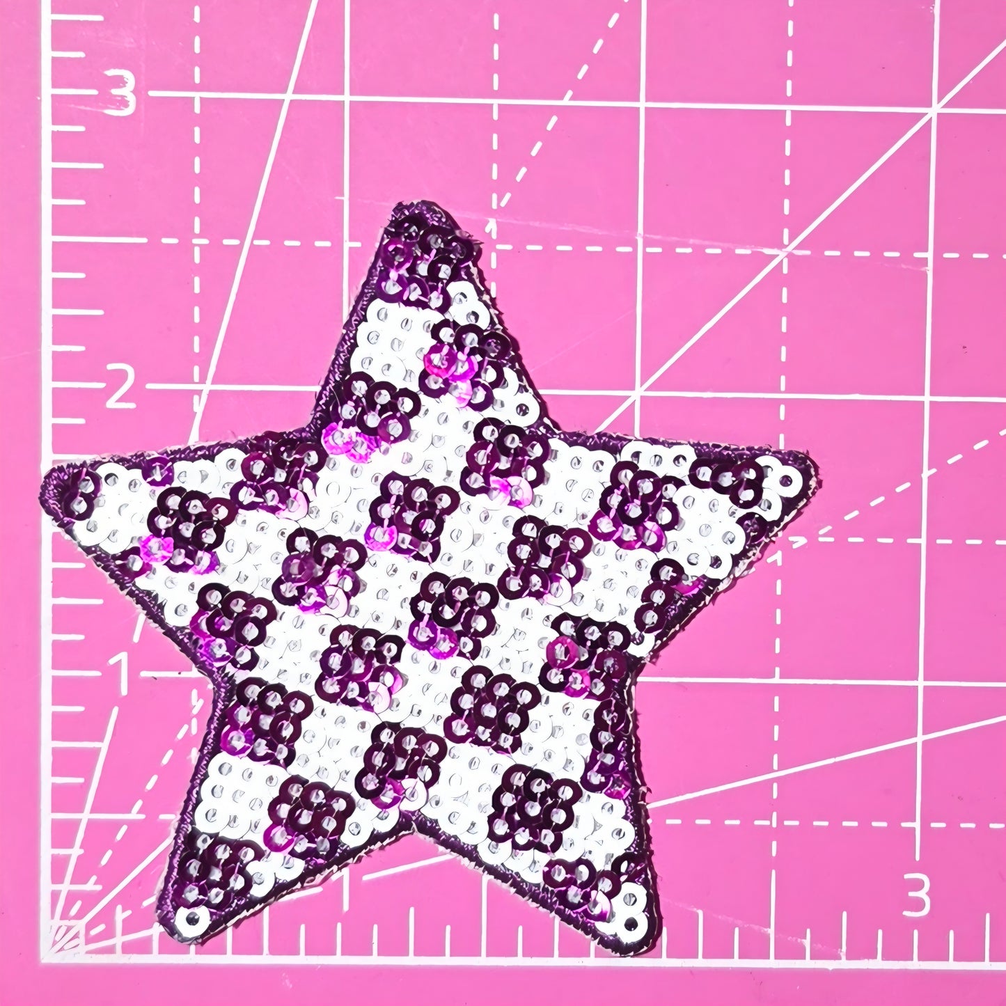 Checkered Star Small Purple White Sequin Iron On Patch