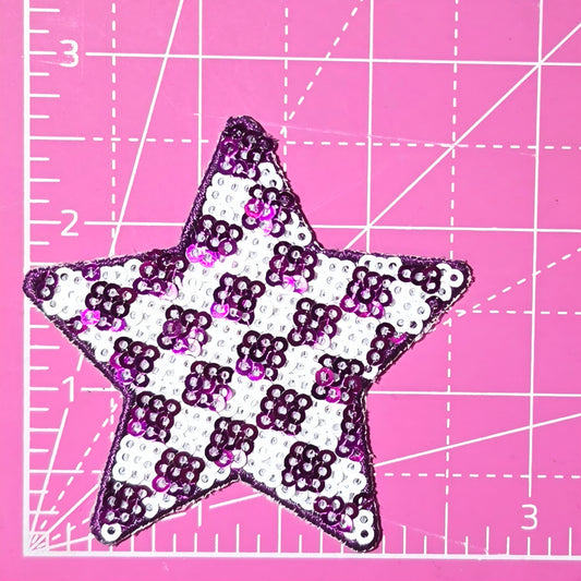 Checkered Star Small Purple White Sequin Iron On Patch