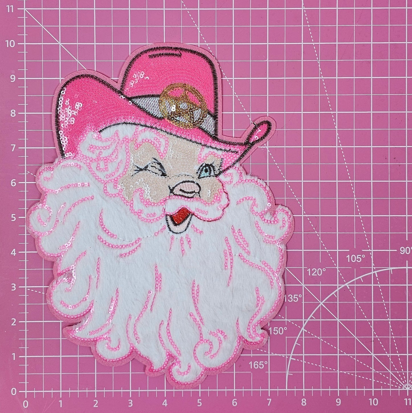 $1 Fuzzy Beard Pink Western Santa Large Sequin Iron On Patch