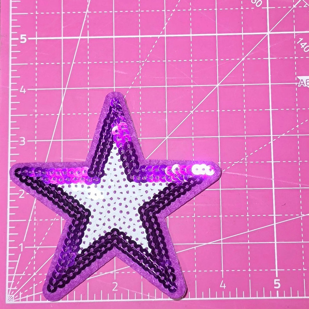 Star Purple and White Sequin Iron On Patch