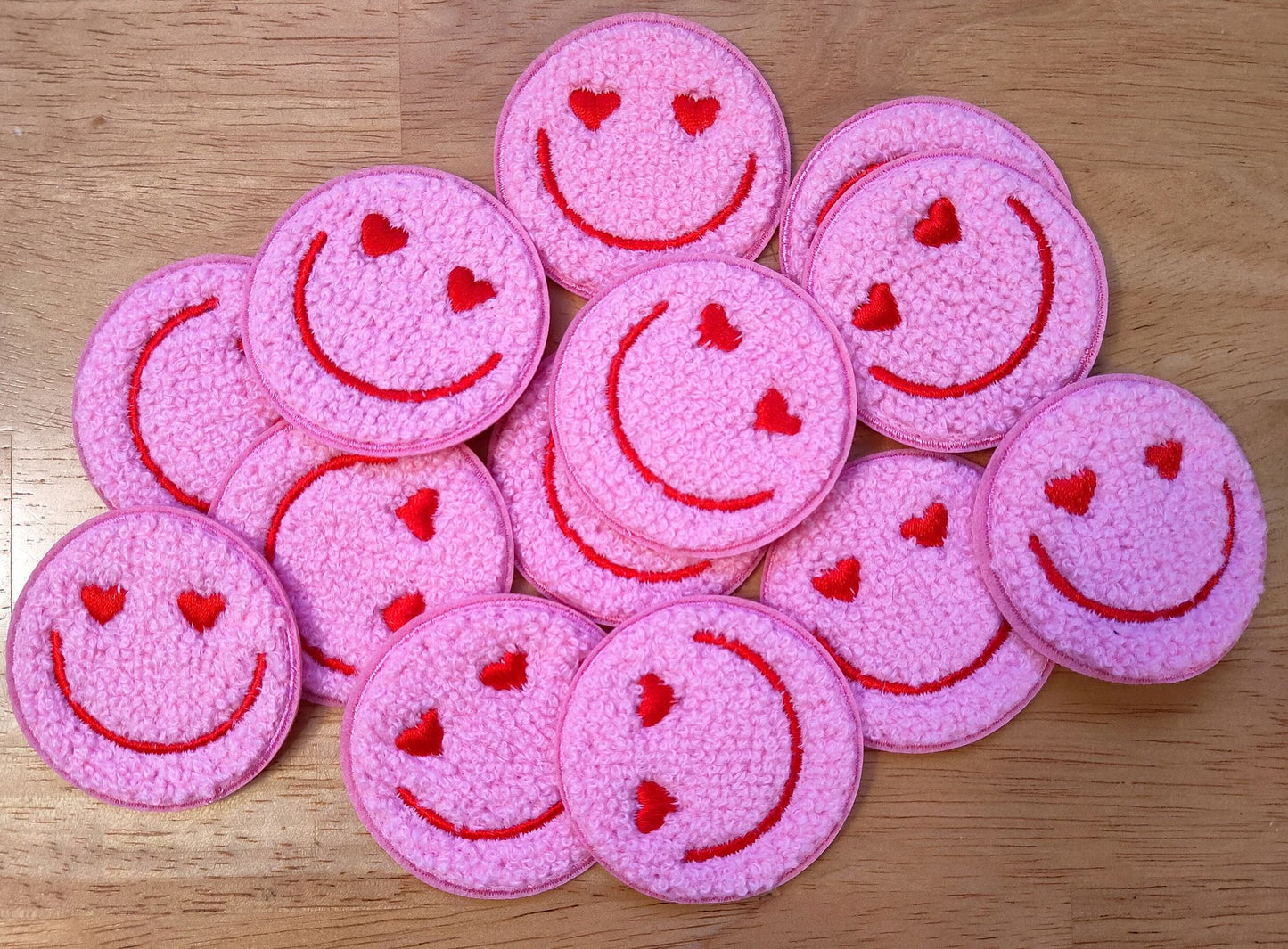 Heart Eyes Smile Face Hot Pink Chenille Iron On Patch