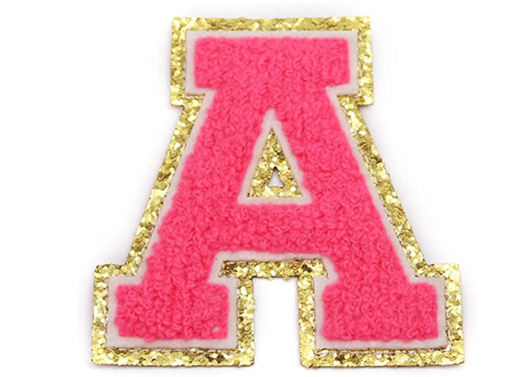 Bright Pink Chenille Iron On Gold Glitter Letter Patches