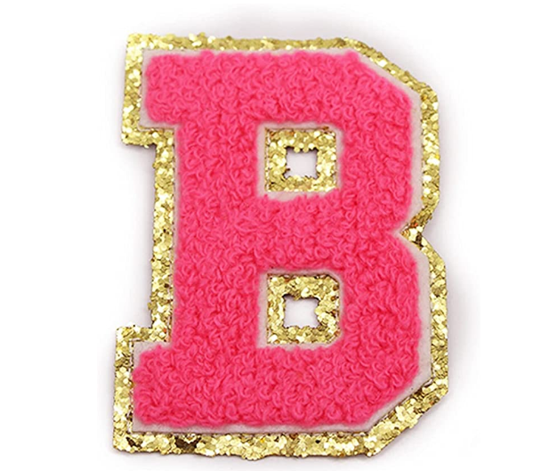Bright Pink Chenille Iron On Gold Glitter Letter Patches