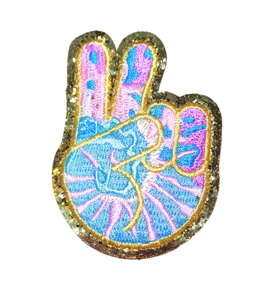 Peace Finger Gold Glitter Iron On Patch