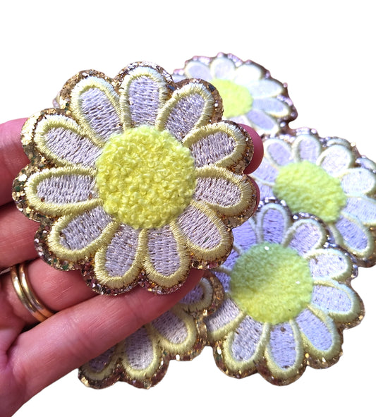 Yellow Flower Chenille and Embroidery Gold Glitter Iron On Patch