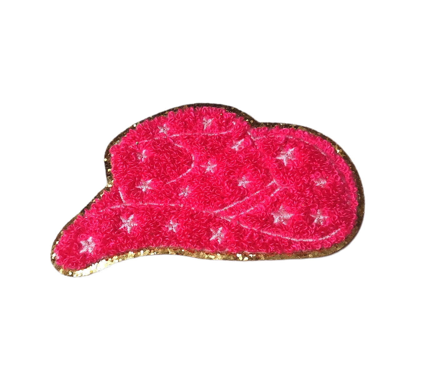 Small Neon Pink Cowboy Hat Chenille Gold Glitter Iron On Patch