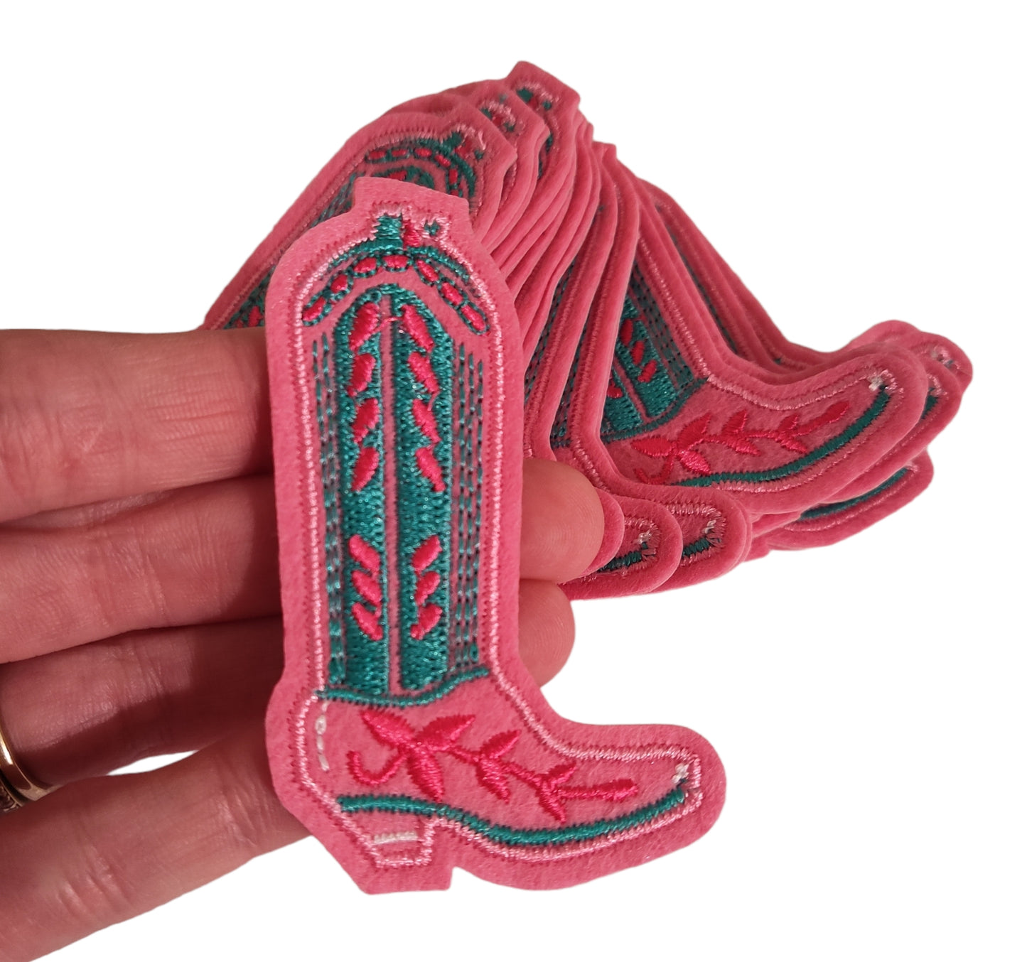 Pink and Teal Cowgirl Boot Felt Embroidery Iron On Patch