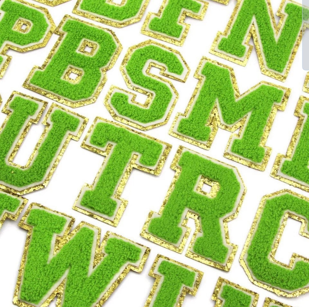 Green Chenille Iron On Gold Glitter Letter Patches