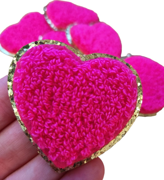 Neon Pink Heart Chenille Gold Glitter Iron On Patch