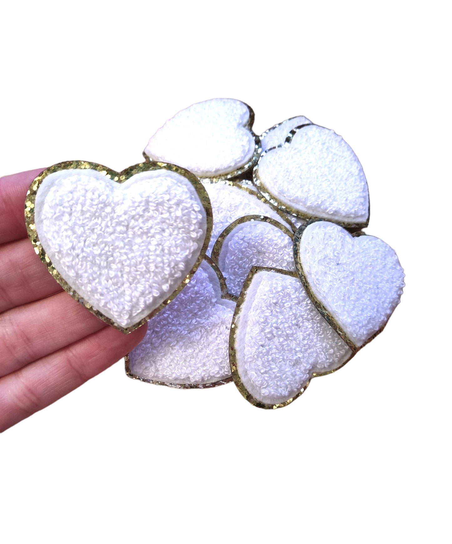 White Heart Chenille Gold Glitter Iron On Patch