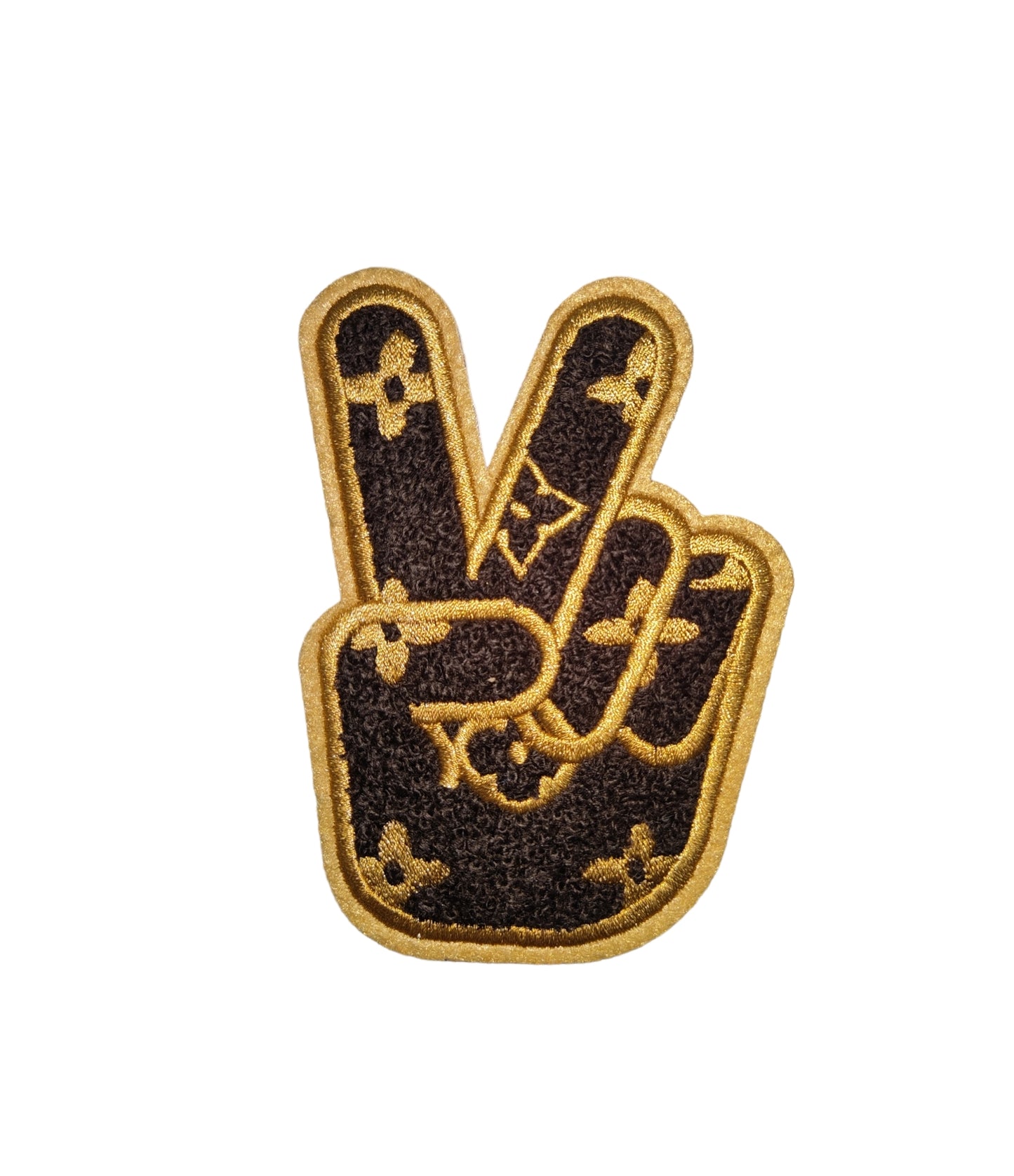 Brown L V Peace Finger Chenille Iron On Patch