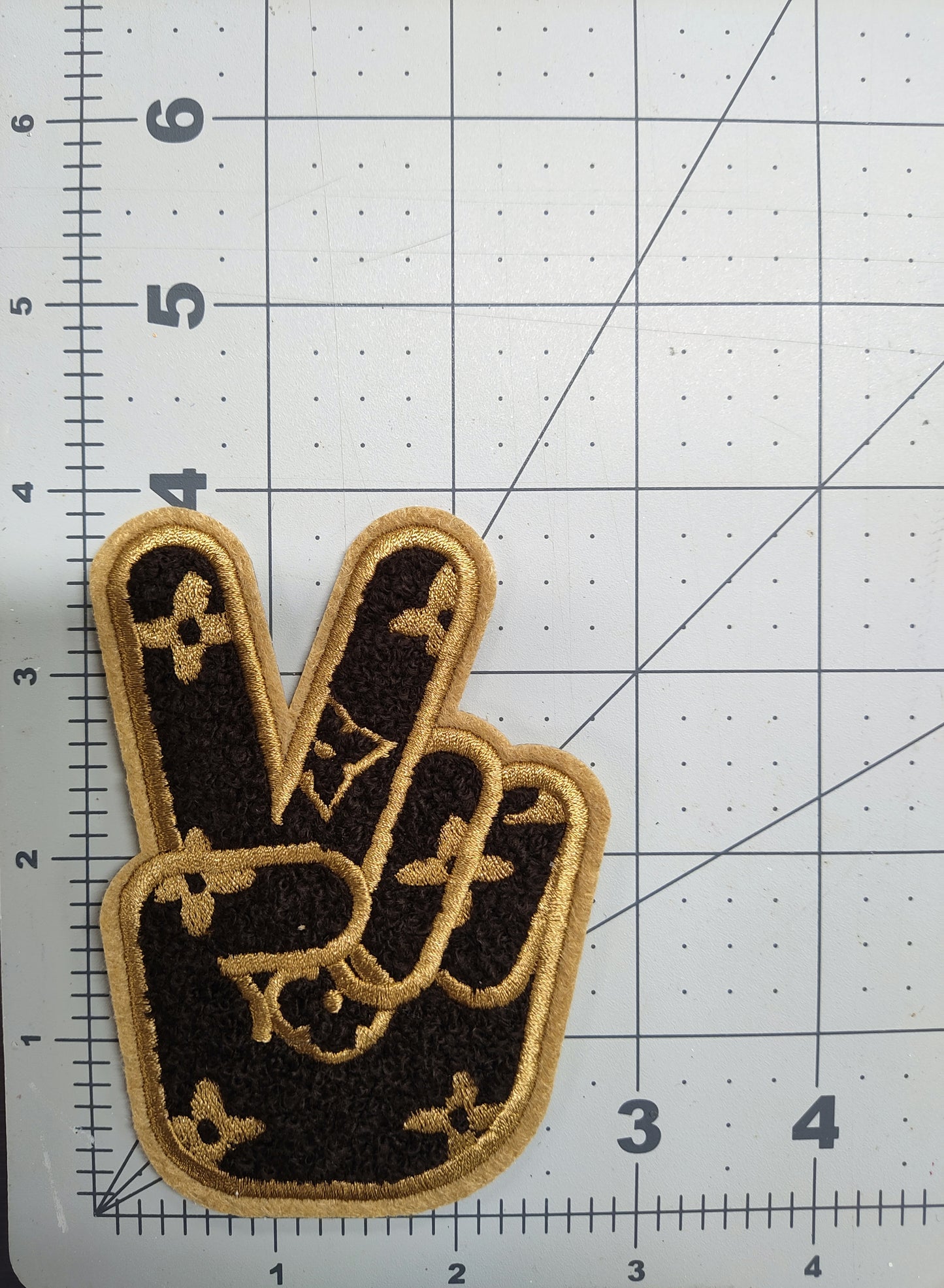 Brown Gold Peace Finger Chenille Iron On Patch – Scratch Decor