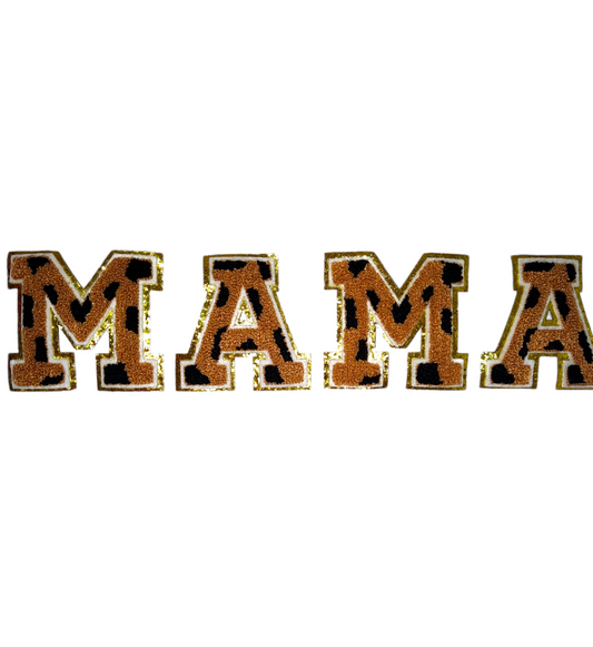 Cheetah Brown MAMA Chenille Gold Glitter Iron On Patches