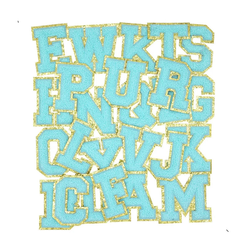Teal Chenille Iron On Gold Glitter Letter Patches